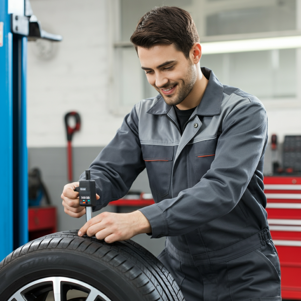 Mechanic checking type depth in Doncaster garage