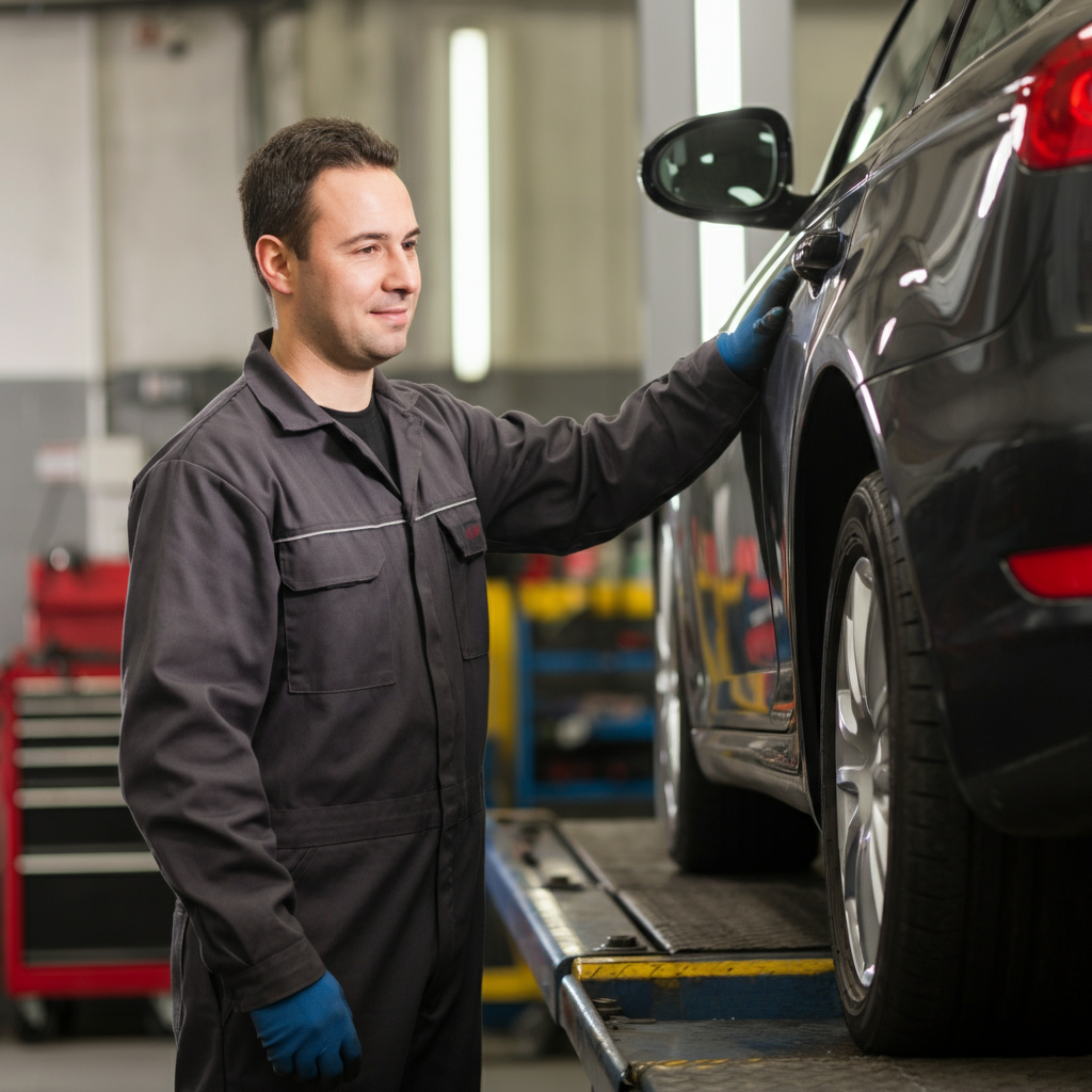 Mechanic in Doncaster garage performing MOTon car checking car