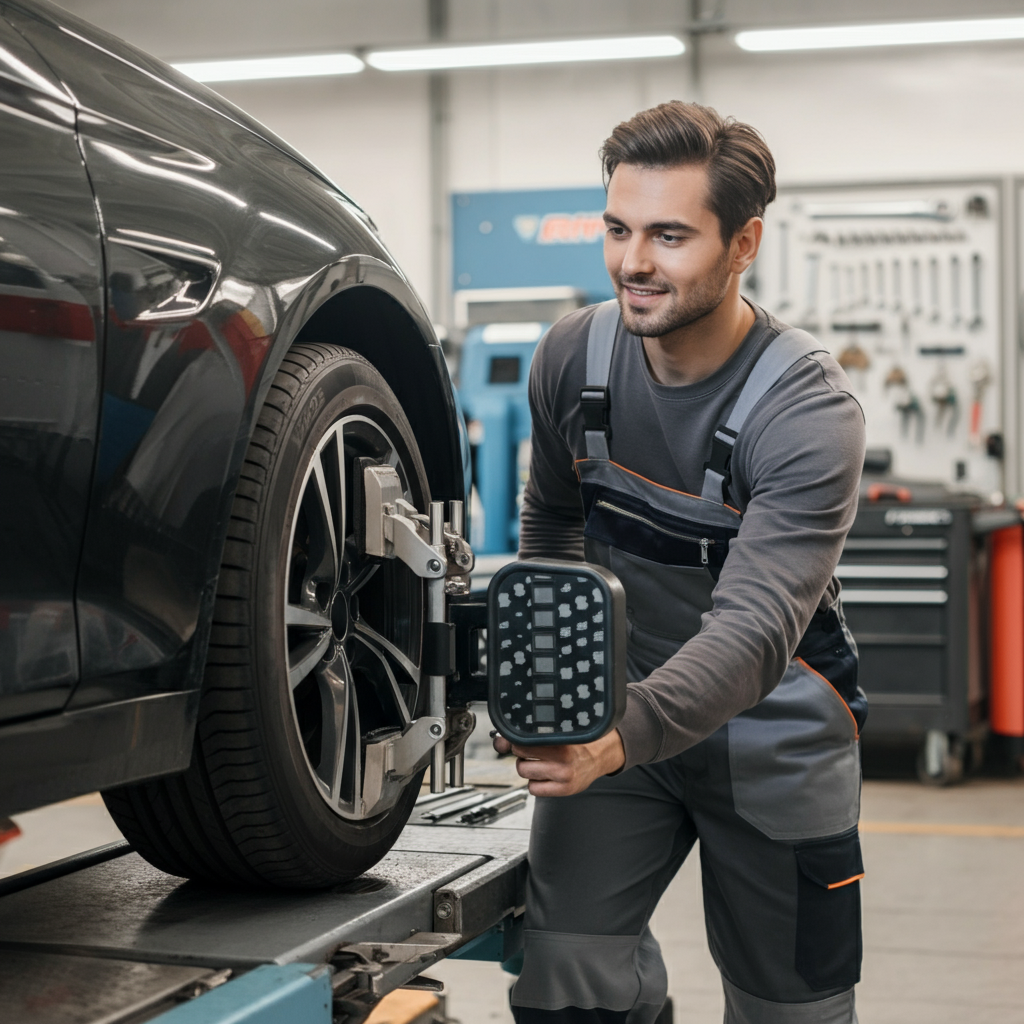 Mechanic aligning a car wheel in garage in Doncaster