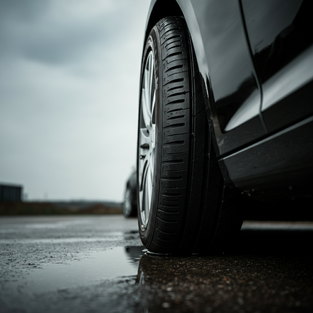 Close up of car tyre ona wet road in Doncaster