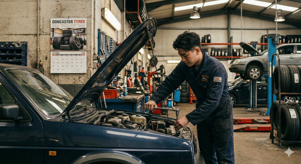 Young asian mechanic in a doncaster tyre garage fixing a car
