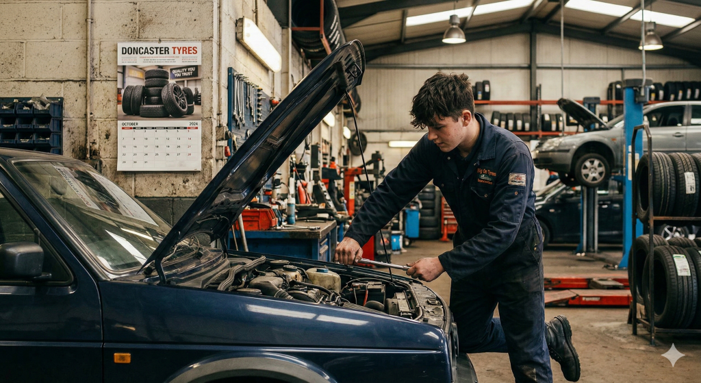 Mechanic in a doncaster tyres garage fixing a car