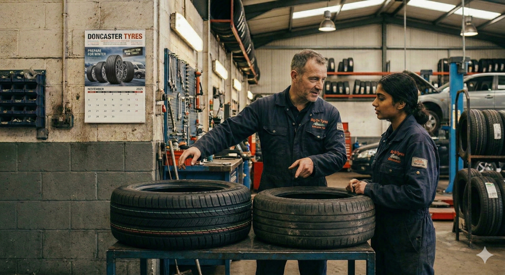 Older mechanic showing younger female mechanic difference between new and part worn tyres