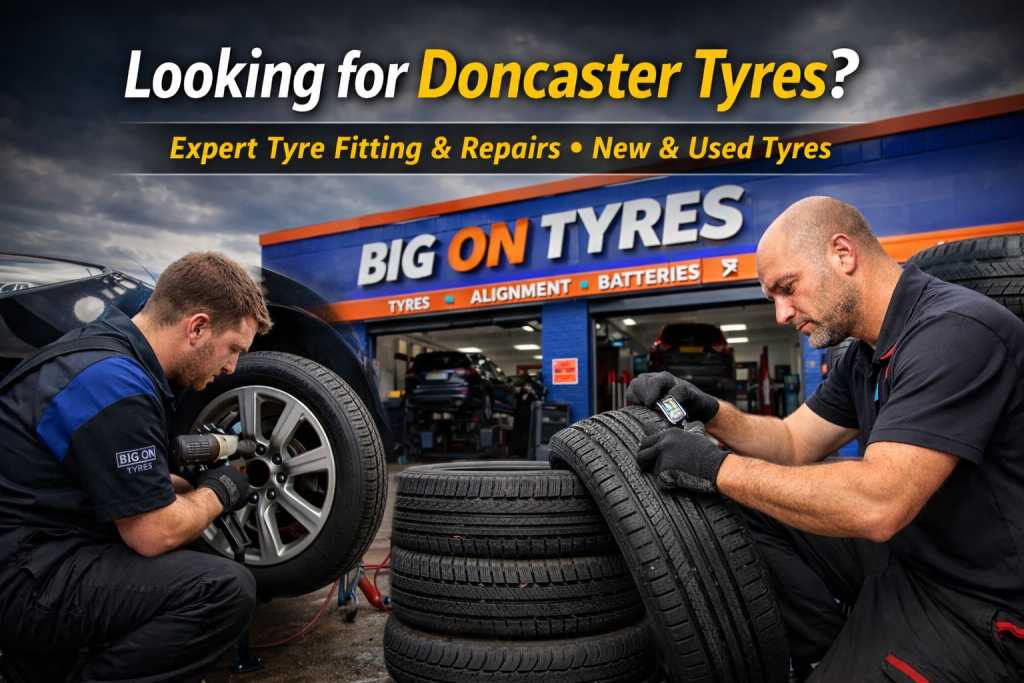 Two men changing tyres outside a big on tyres garage based in Doncaster